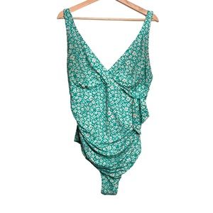 Kona Sol Floral Blue Ruched One Piece Swimsuit Size 18W